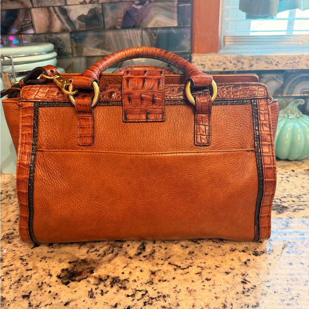Brahmin Tan and Croc-Trim Leather Satchel with Gold Hardware/ Crossbody Strap - Picture 6 of 9